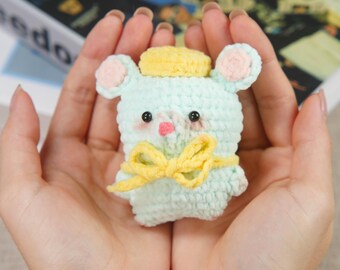Blue Mouse Plushie Cute Sky-Blue Rodent Figurine with Flower Amigurumi Pet Handmade Crochet Collectible Nursery Decor Artisan Heartfelt Gift