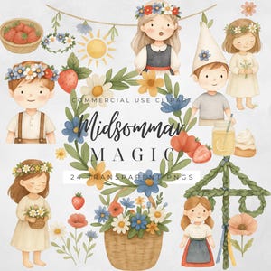 Midsommar Clipart PNG – 24 Transparent Files | Maypole, Children with Flower Wreath, Strawberries & Summer Elements