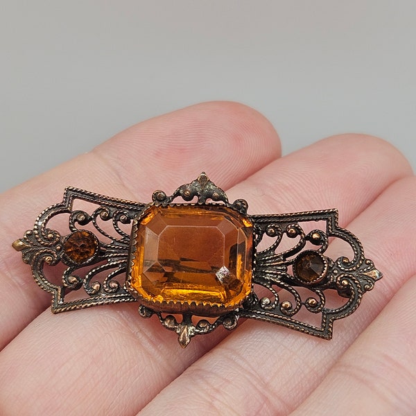 Antique Art Deco Revival Topaz Czech Glass Gold Tone Filigree Bar Pin Brooch