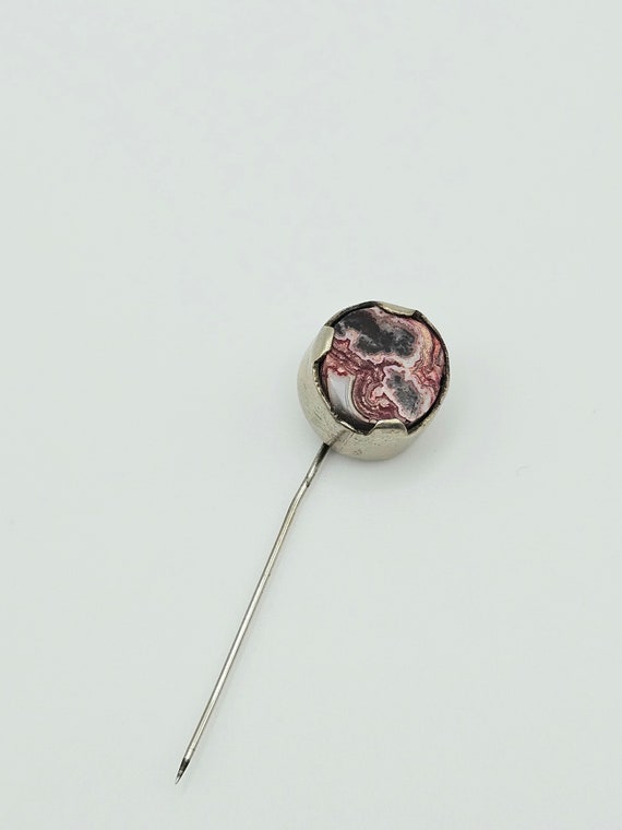 Vtg Antique Agate Stick Pin Silver Tone Round - image 2