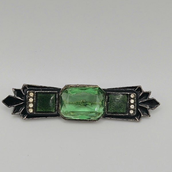 Antique Art Deco Revival Emerald Green Czech Glass Enamel Jeweled Bar Pin Brooch