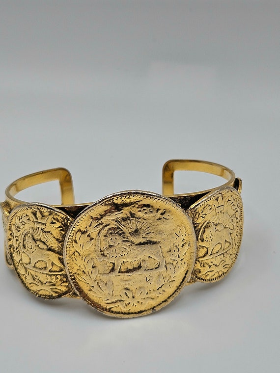 Vintage Lion Gold Tone Coin Cuff Bracelet