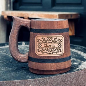 Celtic knots personalized mug Handmade wood mug with an engraved leather plate Gift for men