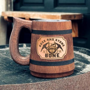 Rock and stone to the bone Gift for gamer Beer stein with engraved leather plate