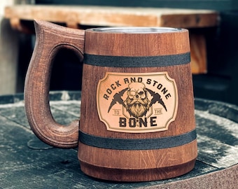 Rock and stone to the bone Gift for gamer Beer stein with engraved leather plate
