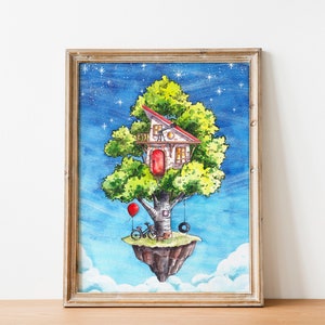 Floating Treehouse 1 Watercolor Art Print - Digital Download