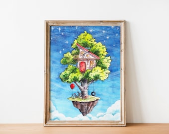 Floating Treehouse 1 Watercolor Art Print - Digital Download