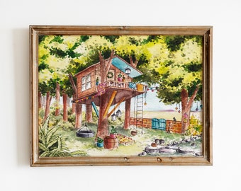 Watercolor Art Print Treehouse Series Forest 2 - Digital Download