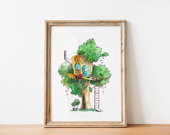 Alice in Wonderland Mad Hatter Treehouse Watercolor Art Print - Digital Download