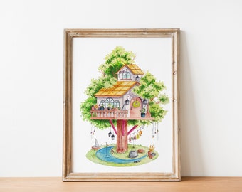 Watercolor Art Print Treehouse Series Moon Lake - Digital Download