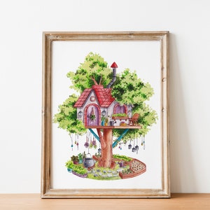 Watercolor Art Print Treehouse Series Garden - Digital Download