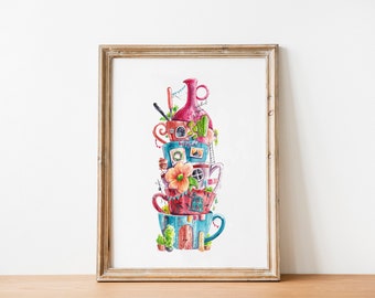 Cups Stack Miniature Apartment Building Watercolor Art Print - Digital Download