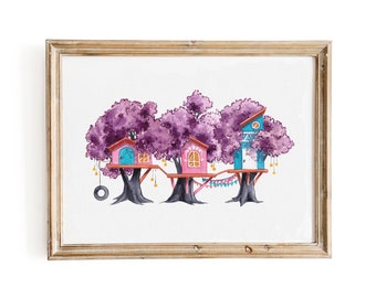 Amethyst Treehouse Neighborhood Watercolor Art Print - Digital Download
