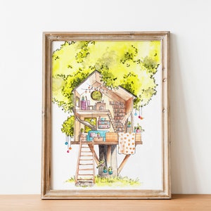 Watercolor Art Print Cozy Writer&#39;s Treehouse - Digital Download