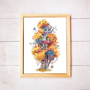 Treehouse Series Neighborhood 2 Watercolor Art Print - Digital Download