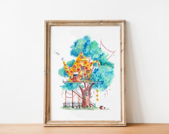 Watercolor Art Print Rosy Floral Teapot Cafe Treehouse - Digital Download