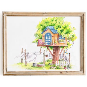 Laundry Day Treehouse Watercolor Art Print - Digital Download