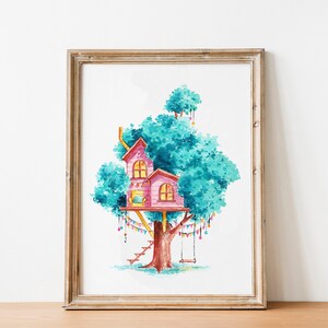 Teal and Pink Cozy Treehouse Watercolor Art Print - Digital Download