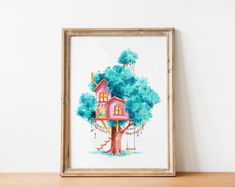 Teal and Pink Cozy Treehouse Watercolor Art Print - Digital Download