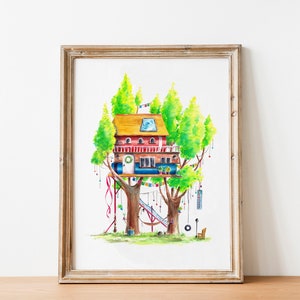 Watercolor Art Print Books Library Treehouse - Digital Download