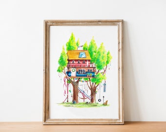 Watercolor Art Print Books Library Treehouse - Digital Download