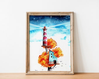 Floating Lighthouse & Treehouse Watercolor Art Print - Digital Download