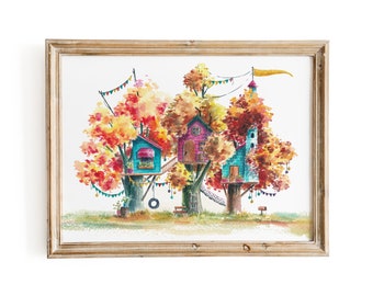 Treehouse Series Neighborhood 3 Watercolor Art Print - Digital Download