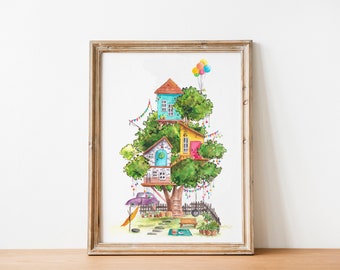 Violet Volkswagen Fence Balloon Treehouse Neighborhood Watercolor Art Print - Digital Download