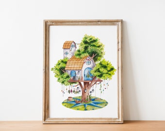 Watercolor Art Print Treehouse Series Compass Rose - Digital Download