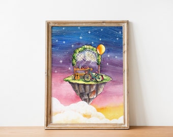 Floating Picnic Island Galaxy Watercolor Art Print - Digital Download