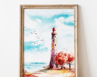 Old Lighthouse Watercolor Art Print - Digital Download