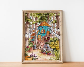 Watercolor Art Print Treehouse Series Forest 1 - Digital Download