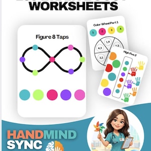 Op de afbeelding: Afbeelding met de promotie van "100 Brain Boost Worksheets". De getoonde werkbladen omvatten "Figure 8 Taps", "Color Wheel Part 1" en "High Five 2". Een cartoon van een glimlachende zorgverlener met een klembord en een windmolen is ook te zien.