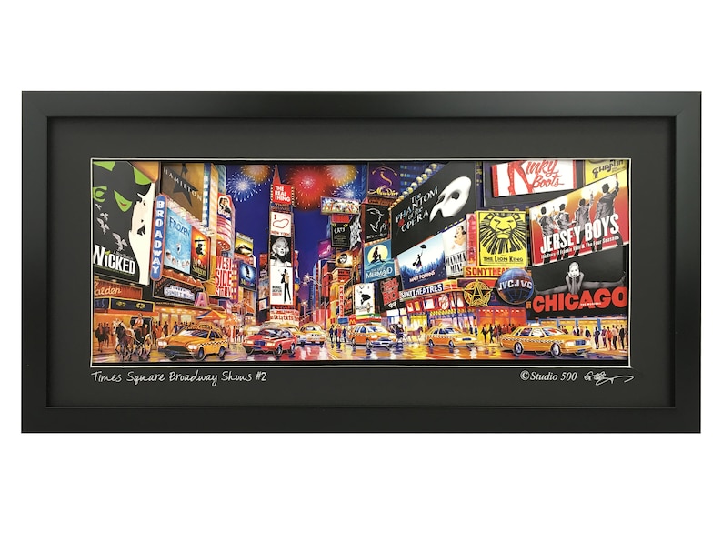 May include: A colorful illustration of Times Square in New York City at night, featuring the iconic billboards and marquees of Broadway shows, including Wicked, The Phantom of the Opera, The Lion King, Jersey Boys, and Chicago. The image also includes yellow taxis and pedestrians walking on the street.