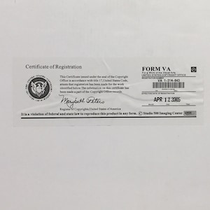 May include: A white certificate of registration with a seal of the United States Copyright Office. The certificate states "This certificate issued under the seal of the Copyright Office in accordance with 17 U.S. Code 410(c) and the regulations thereunder. This registration is made upon the records of this Office. The information given here has been made a part of the Copyright Office records." The certificate is signed "Marybeth Pettis, Register of Copyrights, United States of America." The certificate also includes a Form VA label with the text "Form VA, For Use in Registering Works of Visual Arts, United States Copyright Office, VA 1-716-643, Effective Date of Registration, APR 12 2005".