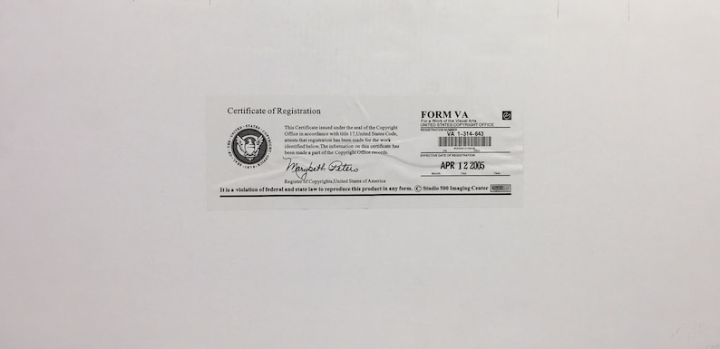 May include: A white certificate of registration with a seal of the United States Copyright Office. The certificate states "This certificate issued under the seal of the Copyright Office in accordance with 17 U.S. Code 410(c) and the regulations thereunder. This registration is made upon the records of this Office. The information given here has been made a part of the Copyright Office records." The certificate is signed "Marybeth Pettis, Register of Copyrights, United States of America." The certificate also includes a Form VA label with the text "Form VA, For Use in Registering Works of Visual Arts, United States Copyright Office, VA 1-716-643, Effective Date of Registration, APR 12 2005".