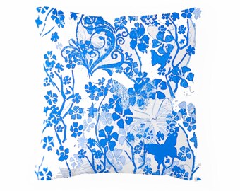 Blue butterflies throw pillow floral throw cushion home decor pattern  homewares  16x16" 41x41cm