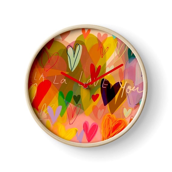Heart Wall Clock: Colorful Hearts, Modern Bamboo Frame