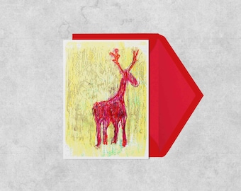 Red, pattern, reindeer, christmas, festive greeting card, blank inside, A6, drawing, quality recycled card