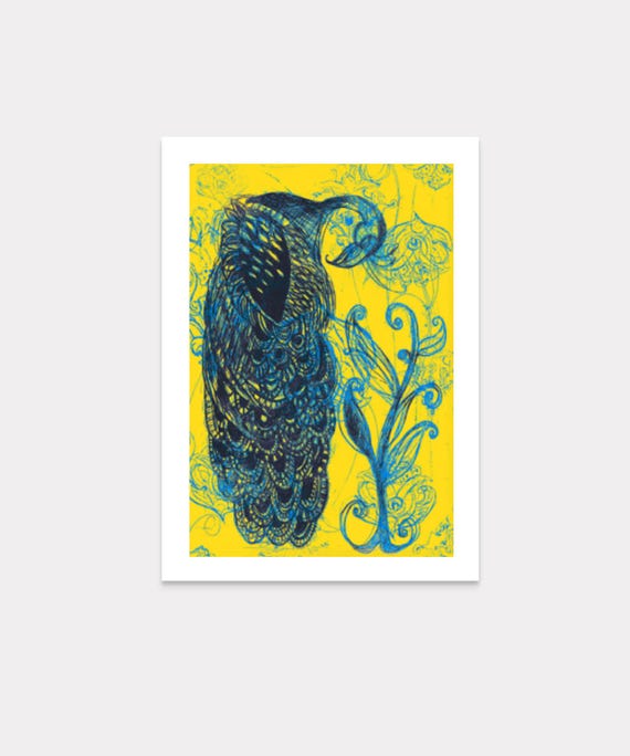 Blue and yellow peacock blank greeting card