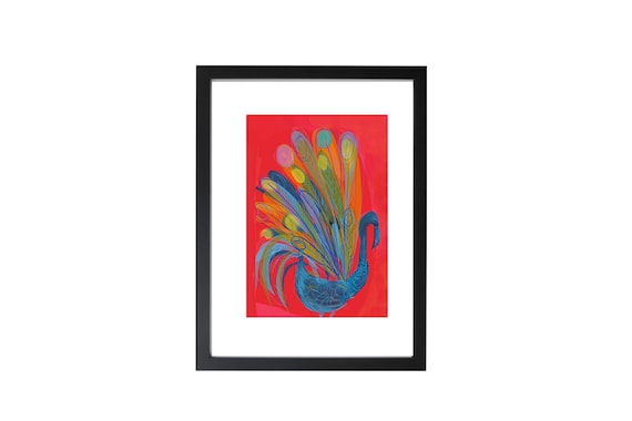 Blue and Red Peacock framed bird print
