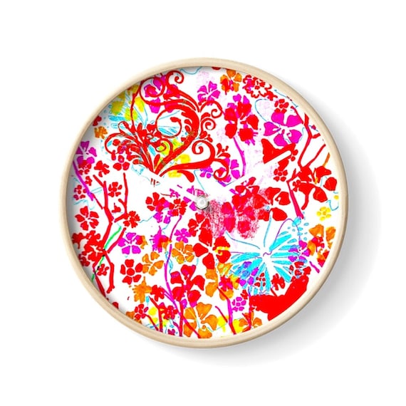 Floral Butterfly Bamboo Clock: Colorful Wall Art Decor