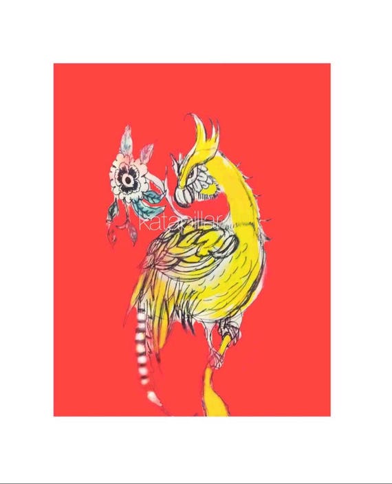 Yellow bird and flowers unframed print