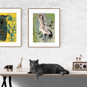 Kunstdruck Pfau Blau-gelber Vogel, Giclée-Druck mit Pfau, mit Rahmen, A5