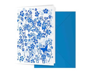 Blue butterflies greeting card floral pattern blank birthday sympathy wedding card A6 gift card