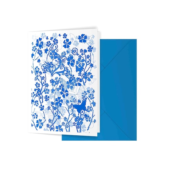 Blue Butterfly Floral Greeting Card, Recycled Card and Envelope