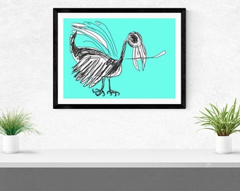 turquoise bird, art print, nature, gift, 6 x 8", A5, timber frame