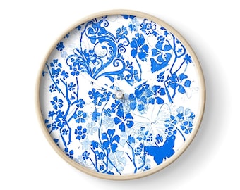 Blue butterflies clock bamboo clock plexiglass  home decor pattern homewares blue and white  wall art