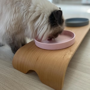Cat feeding station | curved beech bowl stand, raised for cats or small dogs | feeding station by Phinias Place