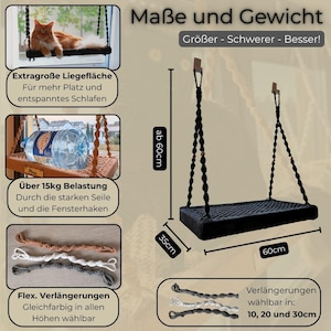 May include: A black cat window perch, 24 inches long, 14 inches wide, and at least 24 inches high, with rope hangers and wooden mounting brackets. The perch is designed to hold over 33 pounds. Additional extension ropes are available.